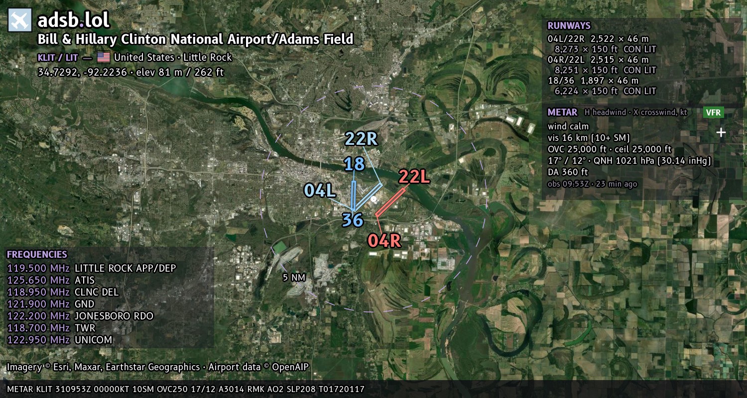 Satellite map with the runway layout of Bill & Hillary Clinton National Airport/Adams Field (KLIT)