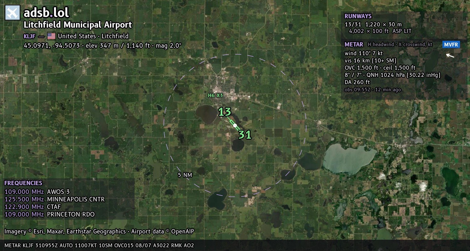 Satellite map with the runway layout of Litchfield Municipal Airport (KLJF)