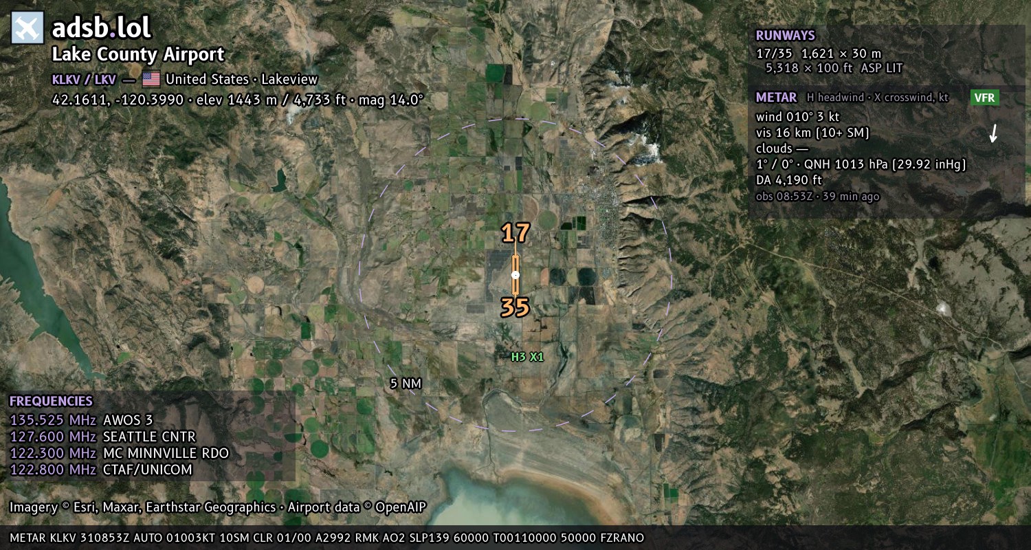 Satellite map with the runway layout of Lake County Airport (KLKV)