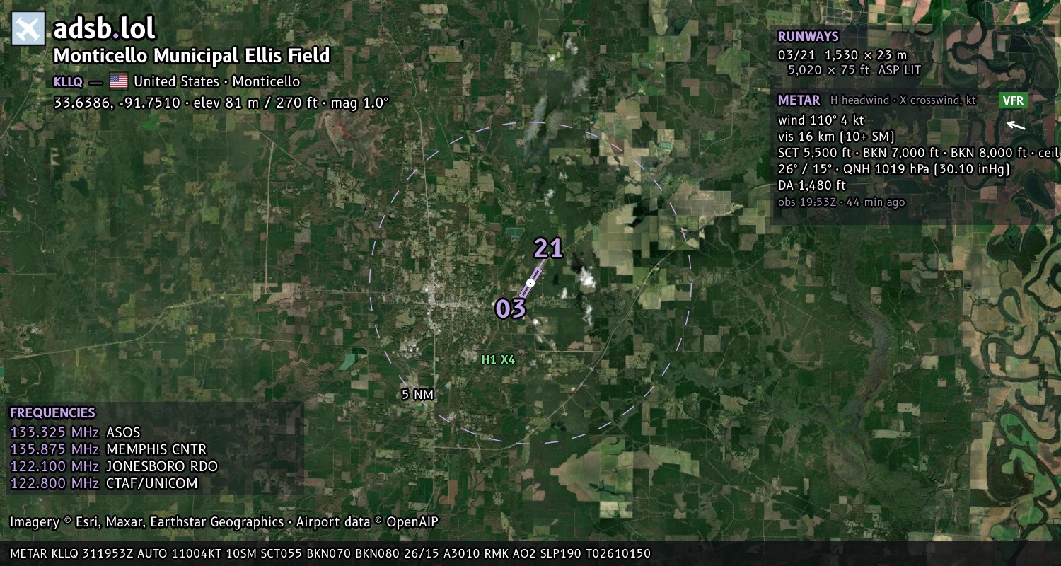 Satellite map with the runway layout of Monticello Municipal Ellis Field (KLLQ)