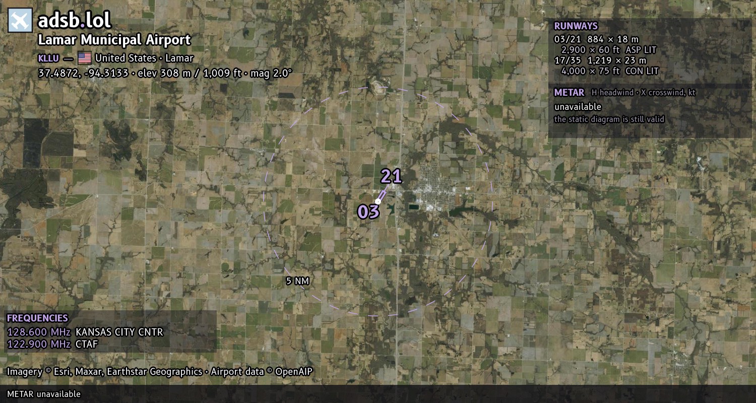 Satellite map with the runway layout of Lamar Municipal Airport (KLLU)