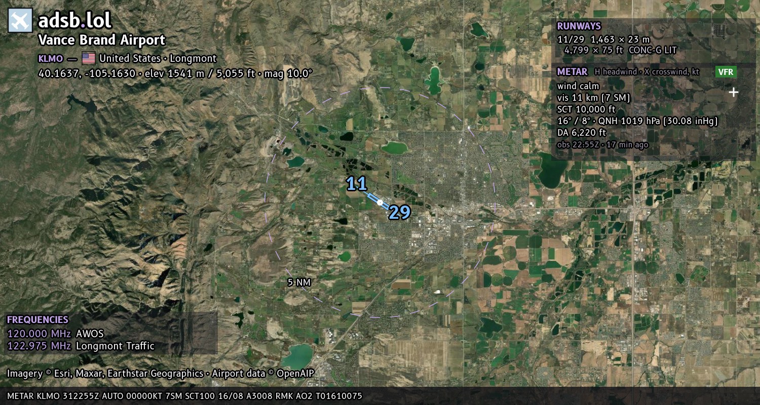 Satellite map with the runway layout of Vance Brand Airport (KLMO)