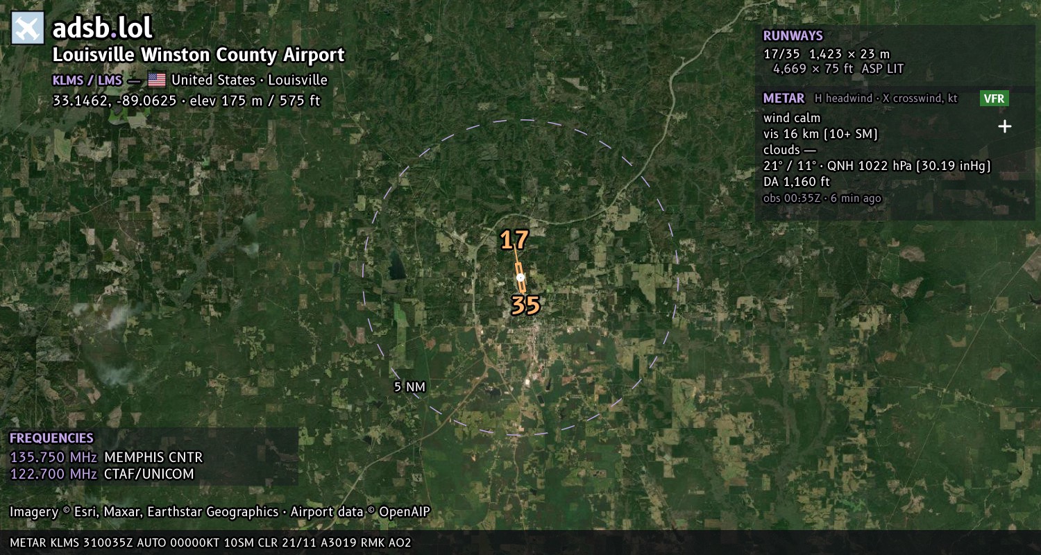 Satellite map with the runway layout of Louisville Winston County Airport (KLMS)