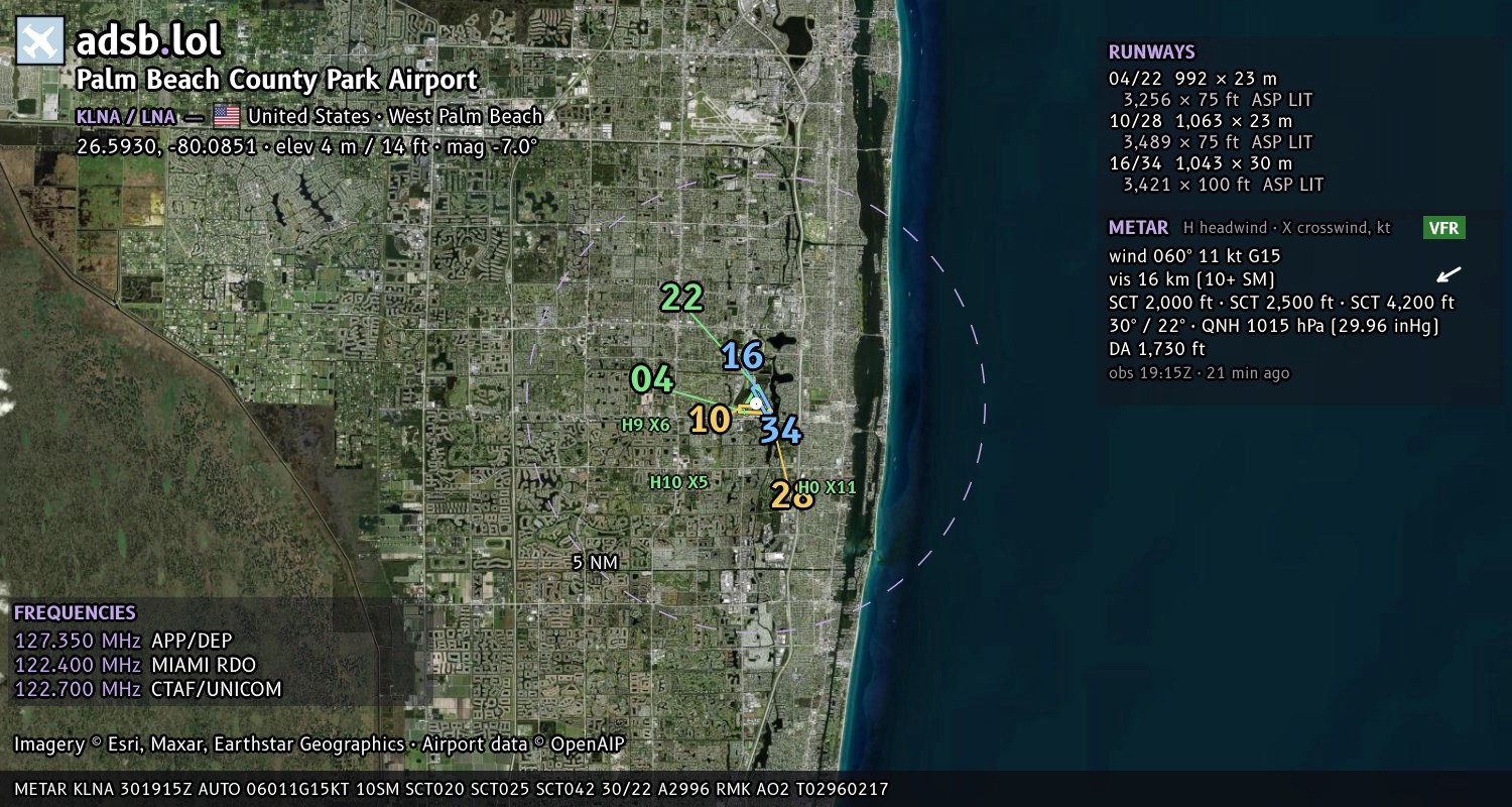 Satellite map with the runway layout of Palm Beach County Park Airport (KLNA)