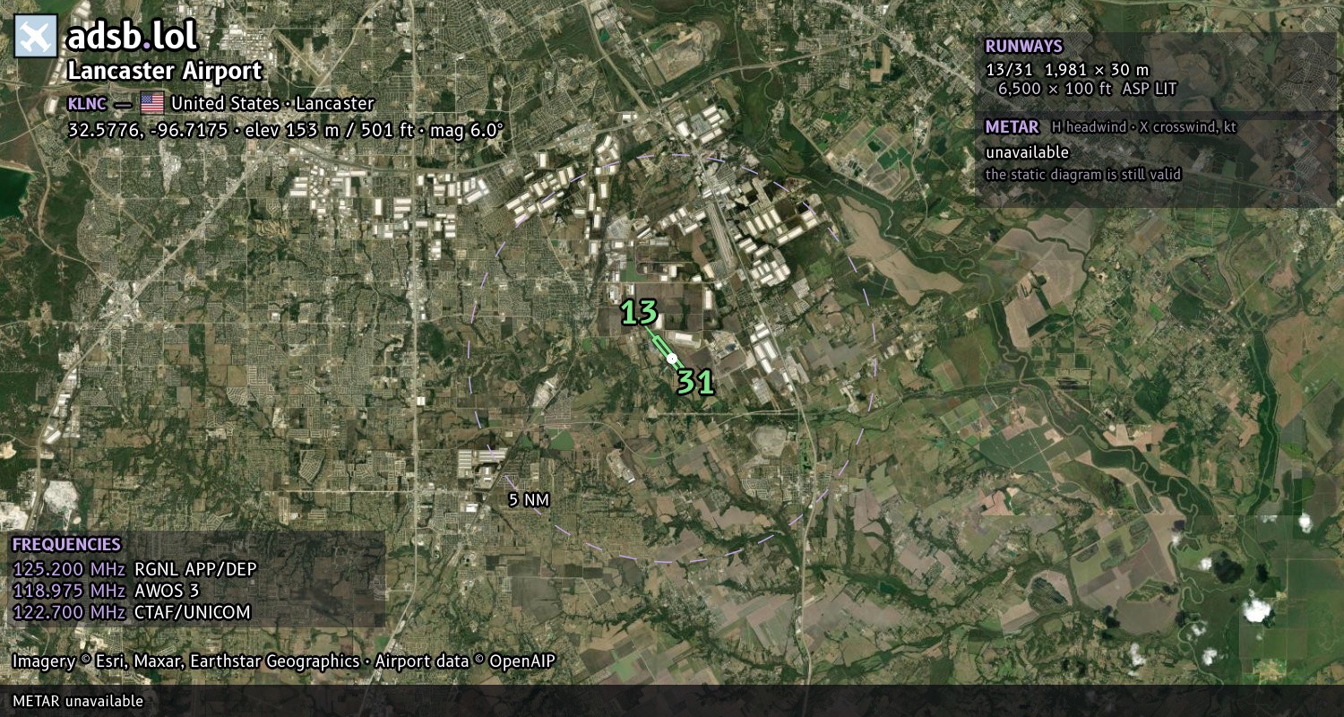Satellite map with the runway layout of Lancaster Airport (KLNC)