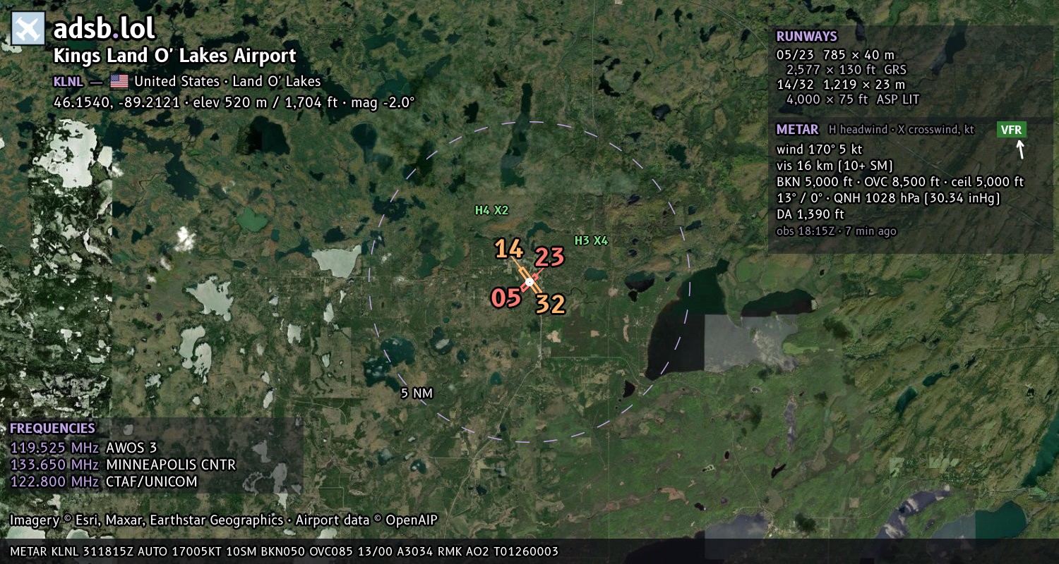 Satellite map with the runway layout of Kings Land O' Lakes Airport (KLNL)