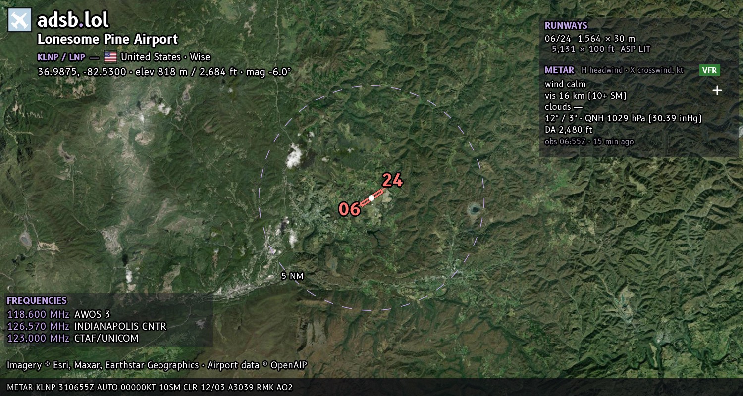 Satellite map with the runway layout of Lonesome Pine Airport (KLNP)