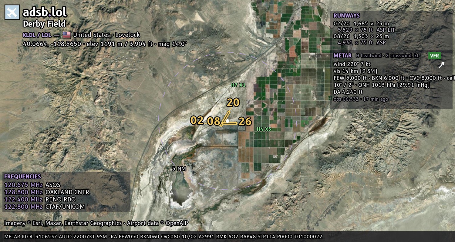 Satellite map with the runway layout of Derby Field (KLOL)