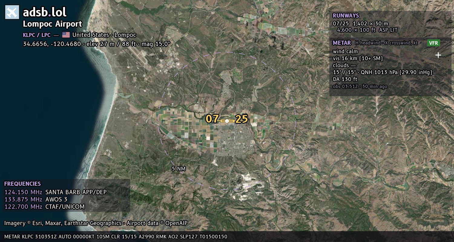 Satellite map with the runway layout of Lompoc Airport (KLPC)