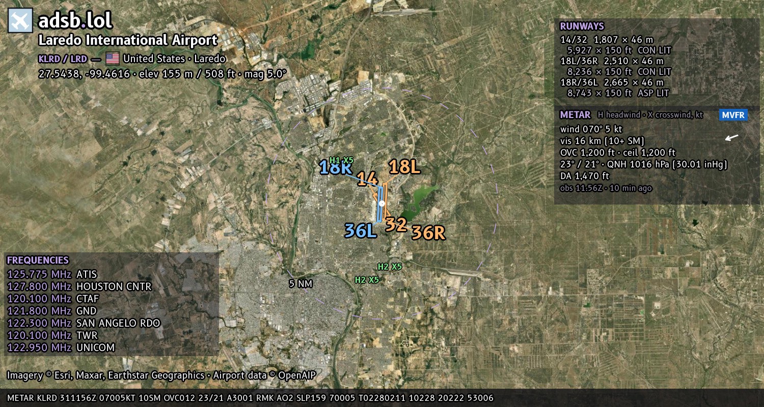 Satellite map with the runway layout of Laredo International Airport (KLRD)