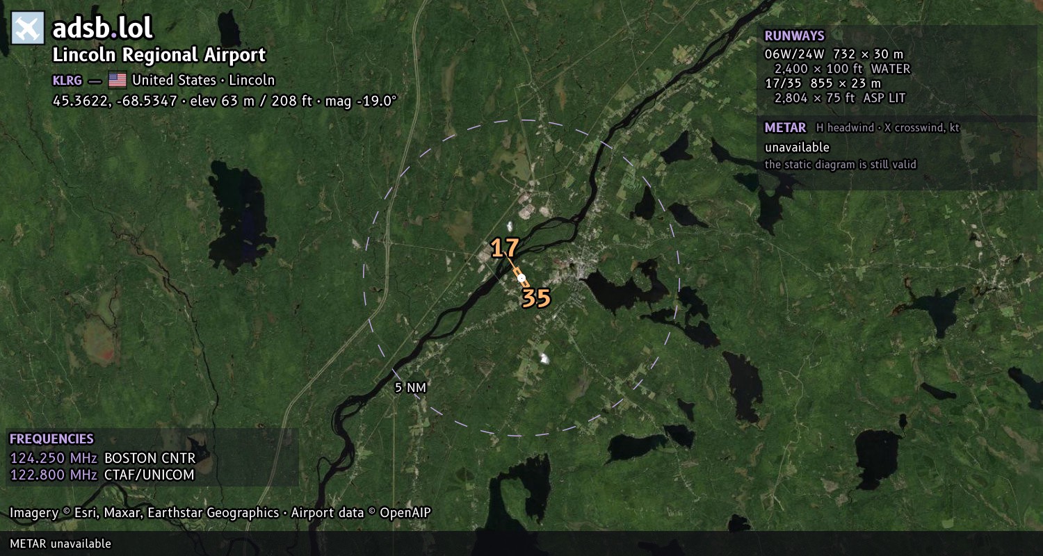 Satellite map with the runway layout of Lincoln Regional Airport (KLRG)