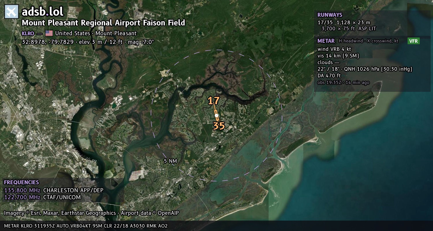 Satellite map with the runway layout of Mount Pleasant Regional Airport Faison Field (KLRO)