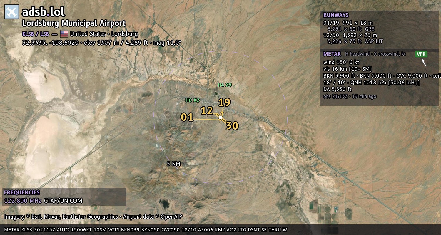 Satellite map with the runway layout of Lordsburg Municipal Airport (KLSB)