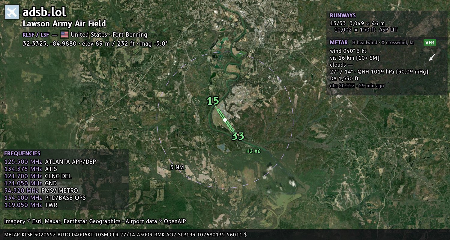 Satellite map with the runway layout of Lawson Army Air Field (KLSF)