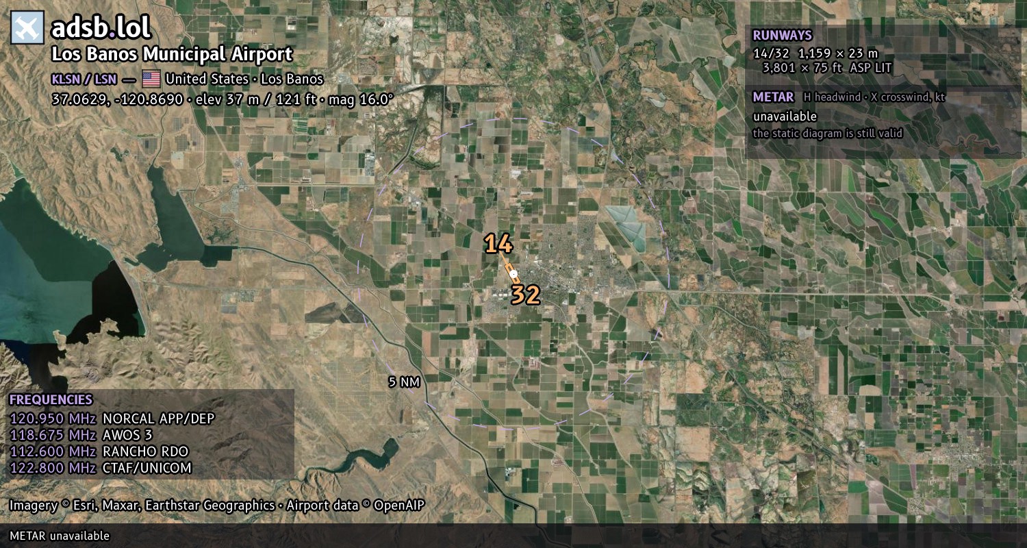 Satellite map with the runway layout of Los Banos Municipal Airport (KLSN)