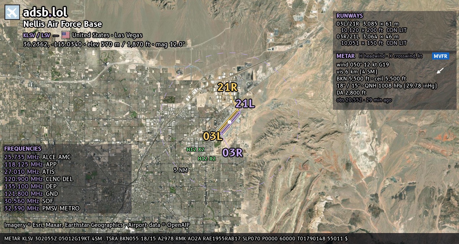 Satellite map with the runway layout of Nellis Air Force Base (KLSV)