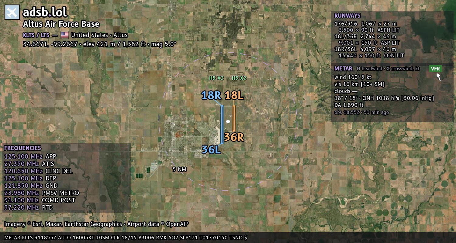 Satellite map with the runway layout of Altus Air Force Base (KLTS)
