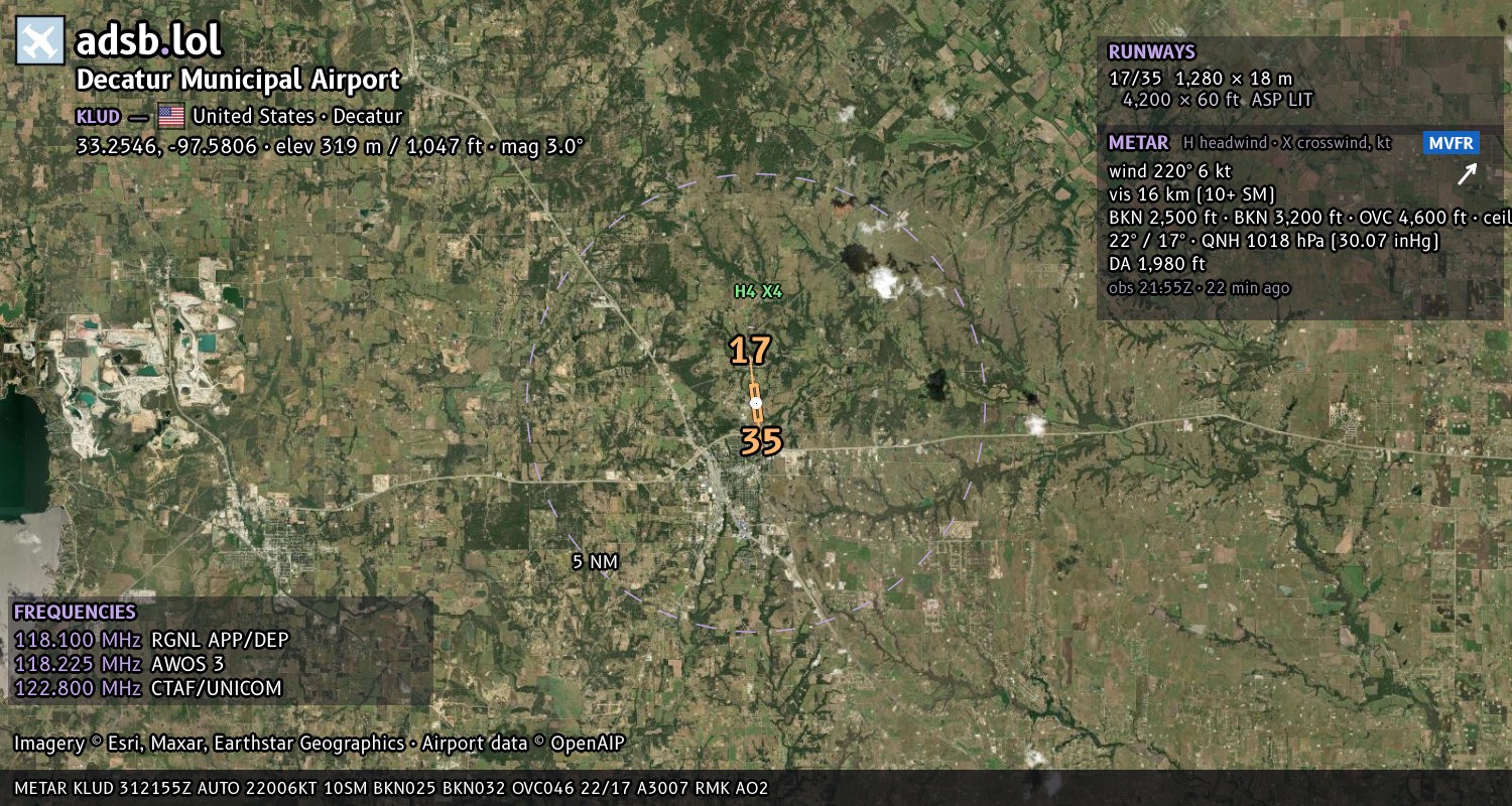 Satellite map with the runway layout of Decatur Municipal Airport (KLUD)