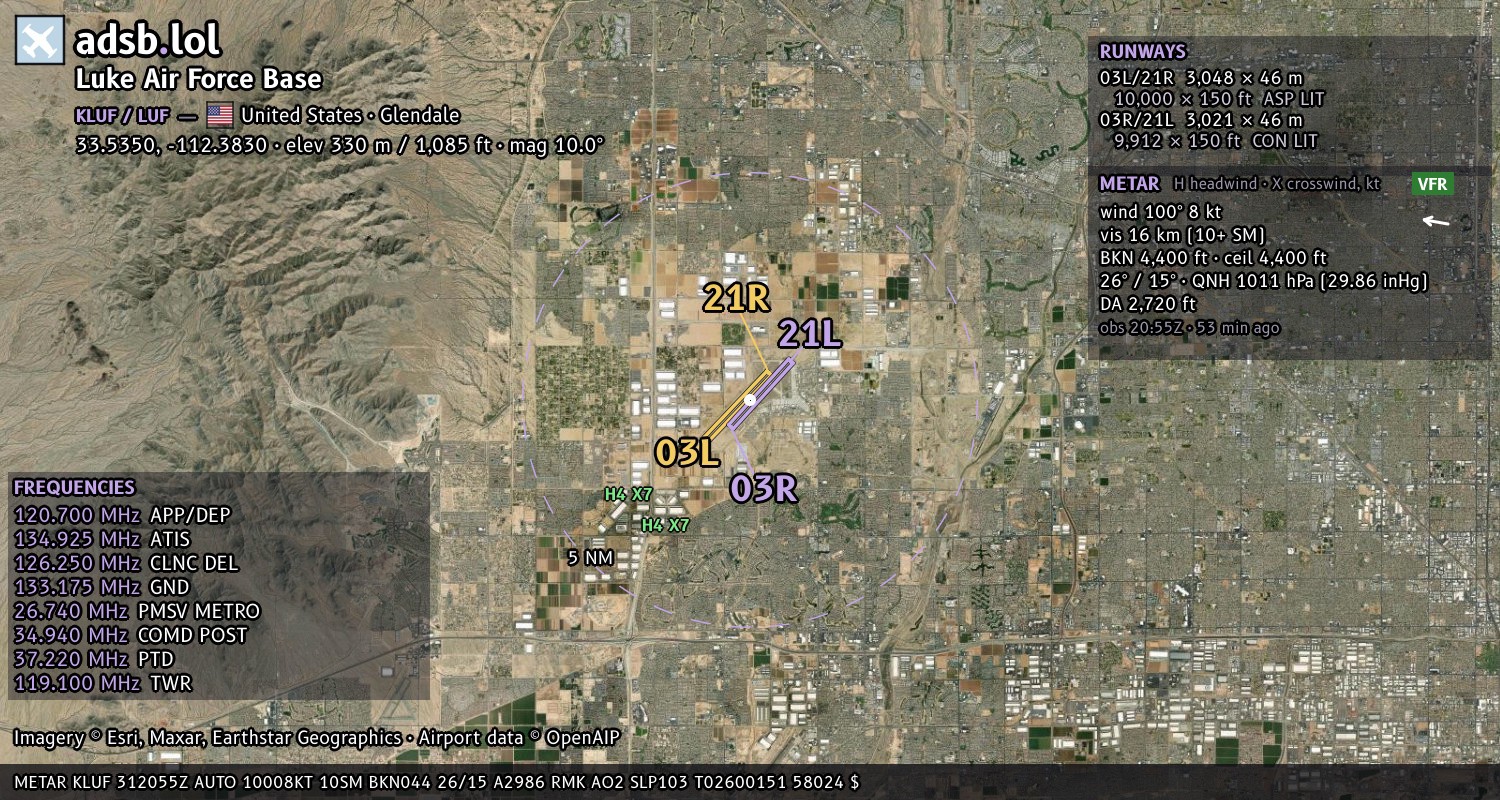 Satellite map with the runway layout of Luke Air Force Base (KLUF)
