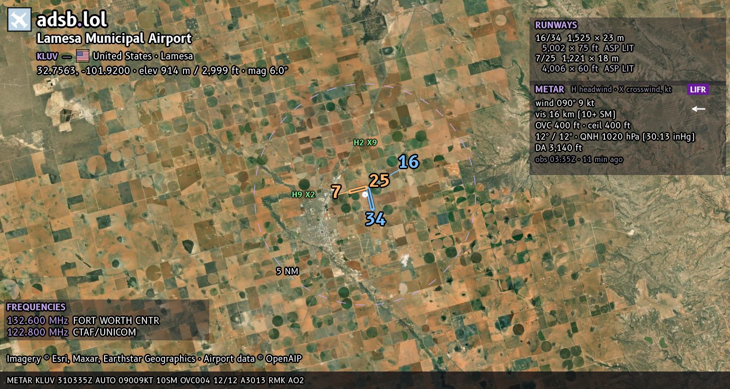 Satellite map with the runway layout of Lamesa Municipal Airport (KLUV)