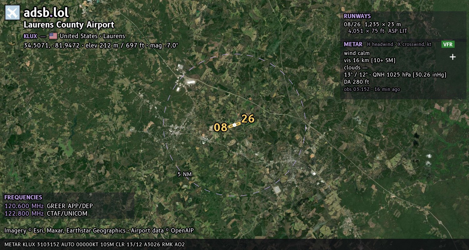 Satellite map with the runway layout of Laurens County Airport (KLUX)