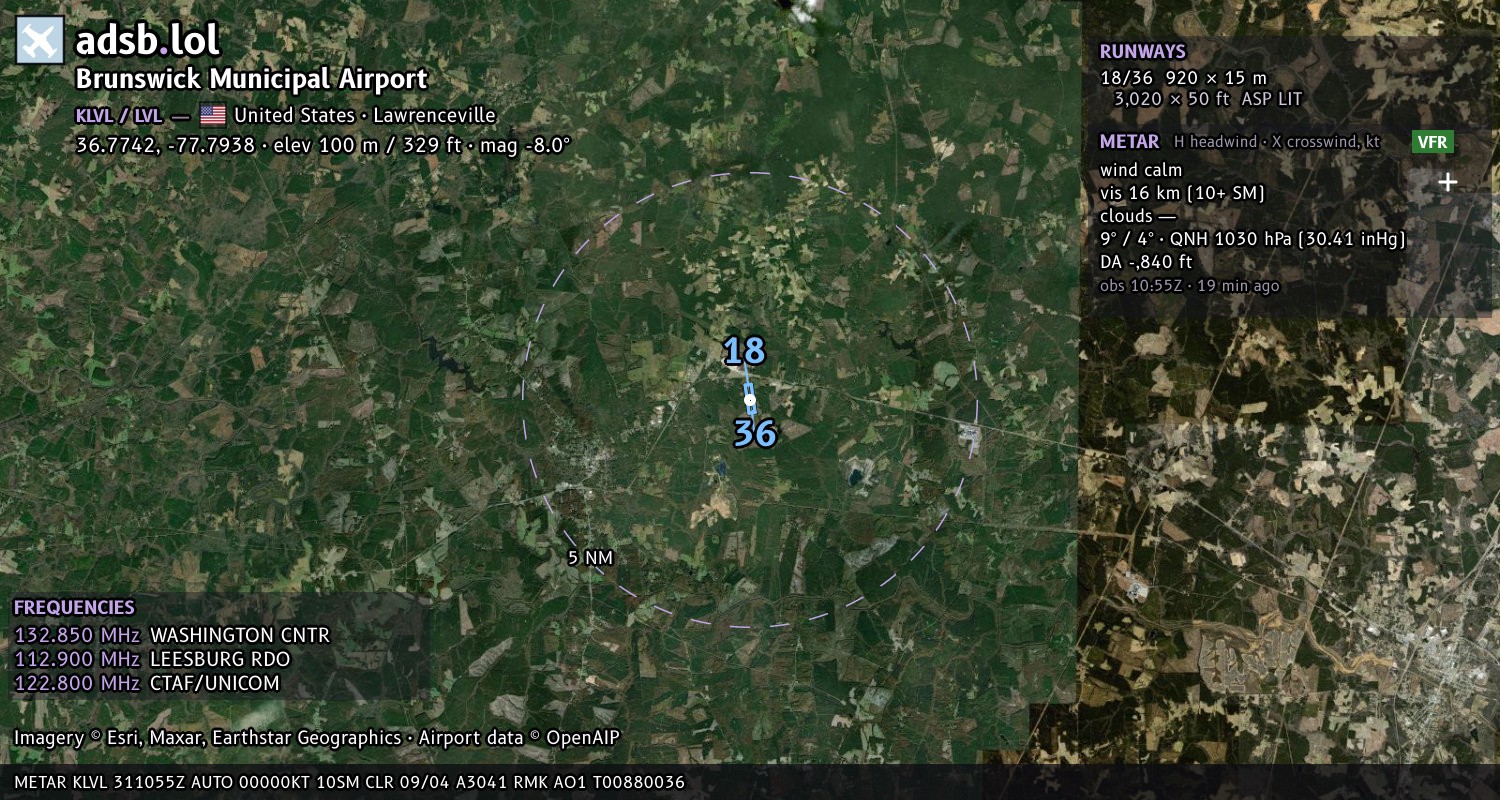 Satellite map with the runway layout of Brunswick Municipal Airport (KLVL)