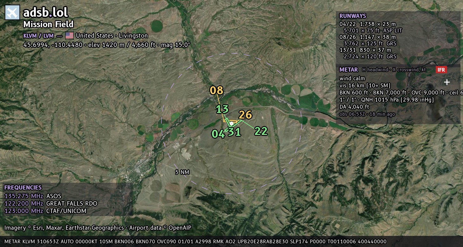 Satellite map with the runway layout of Mission Field (KLVM)