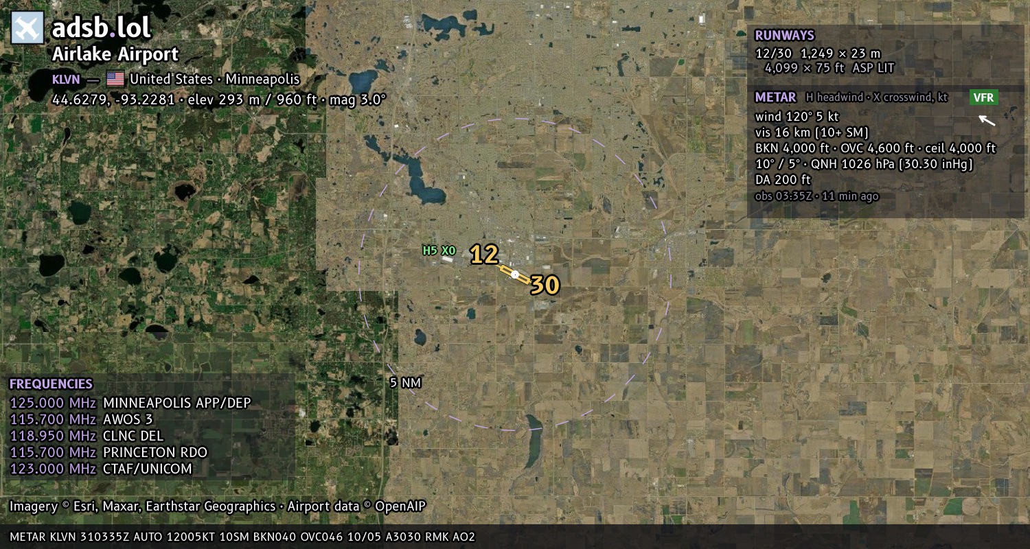 Satellite map with the runway layout of Airlake Airport (KLVN)