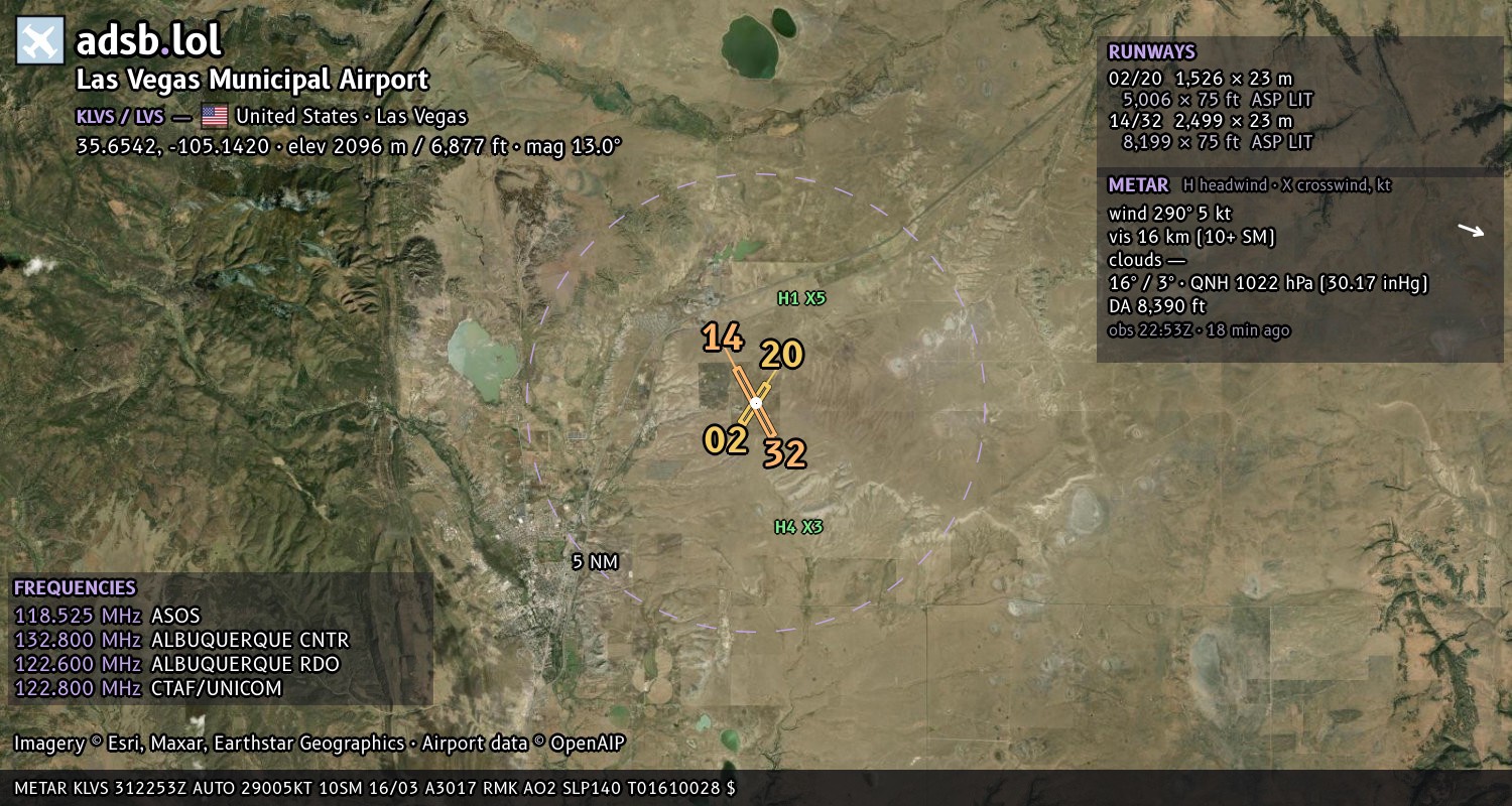 Satellite map with the runway layout of Las Vegas Municipal Airport (KLVS)