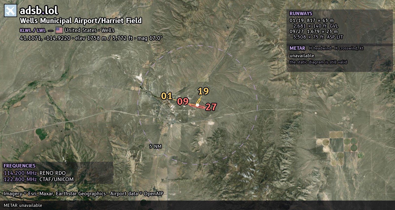 Satellite map with the runway layout of Wells Municipal Airport/Harriet Field (KLWL)