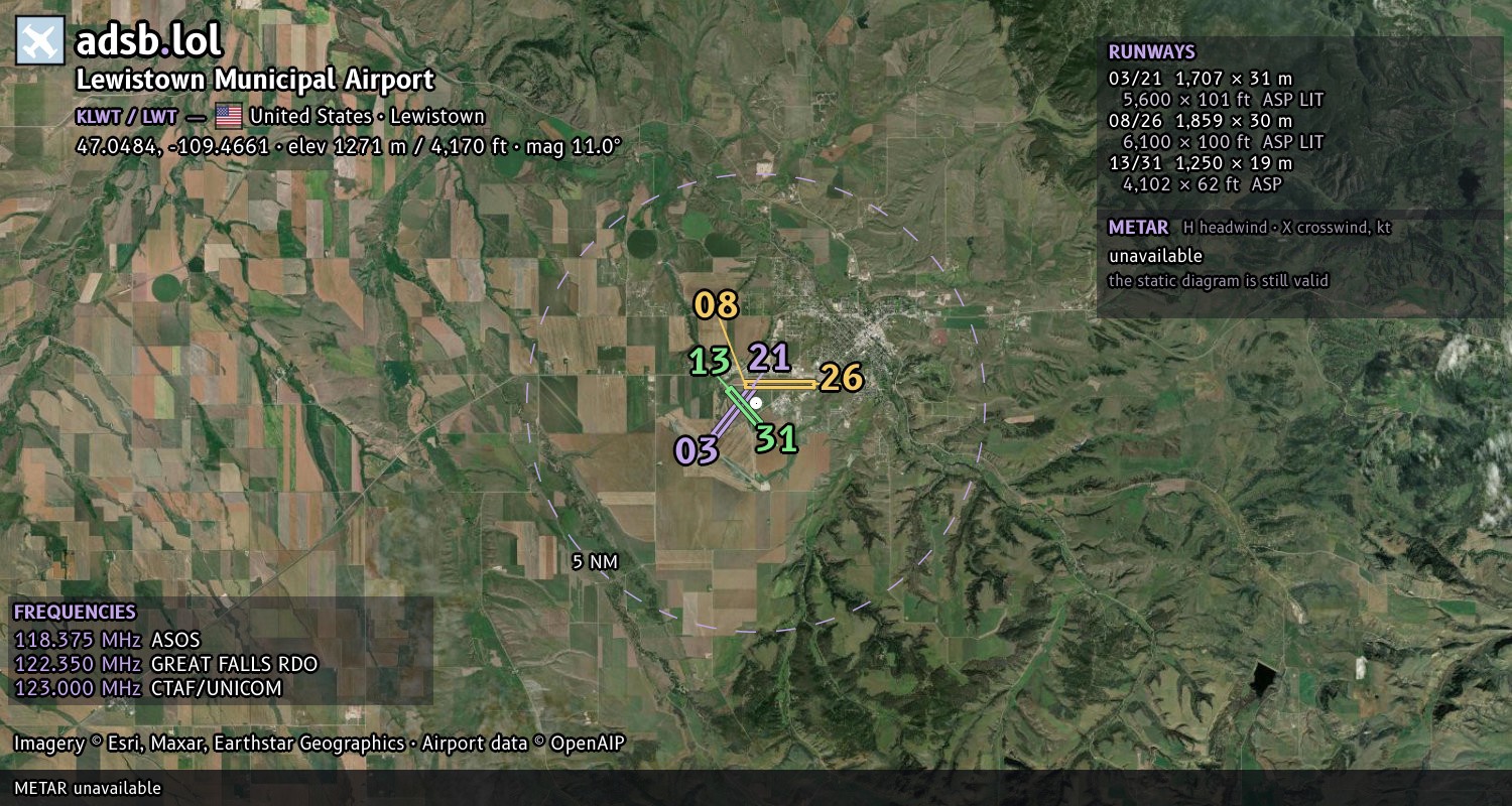 Satellite map with the runway layout of Lewistown Municipal Airport (KLWT)