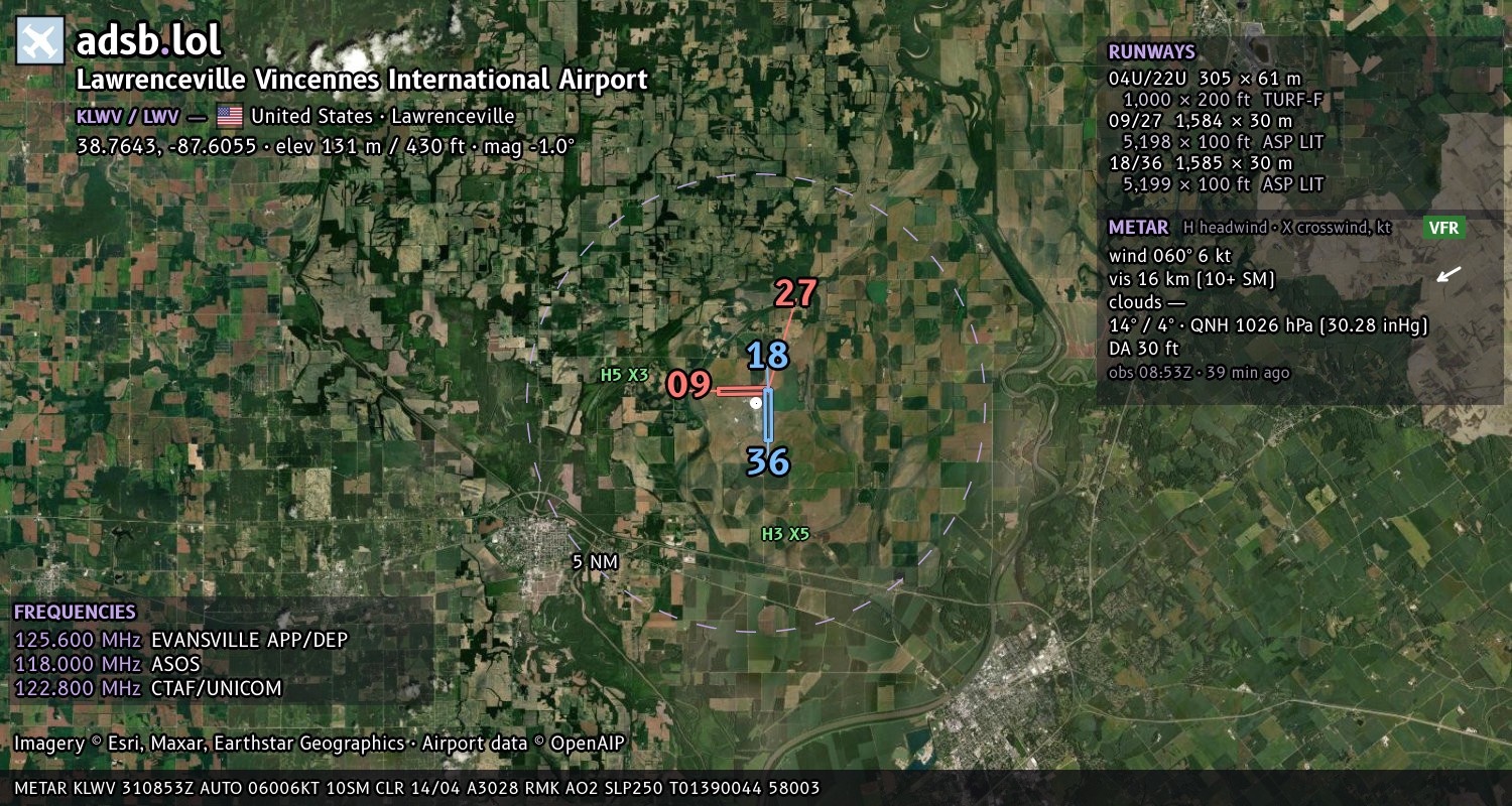 Satellite map with the runway layout of Lawrenceville Vincennes International Airport (KLWV)