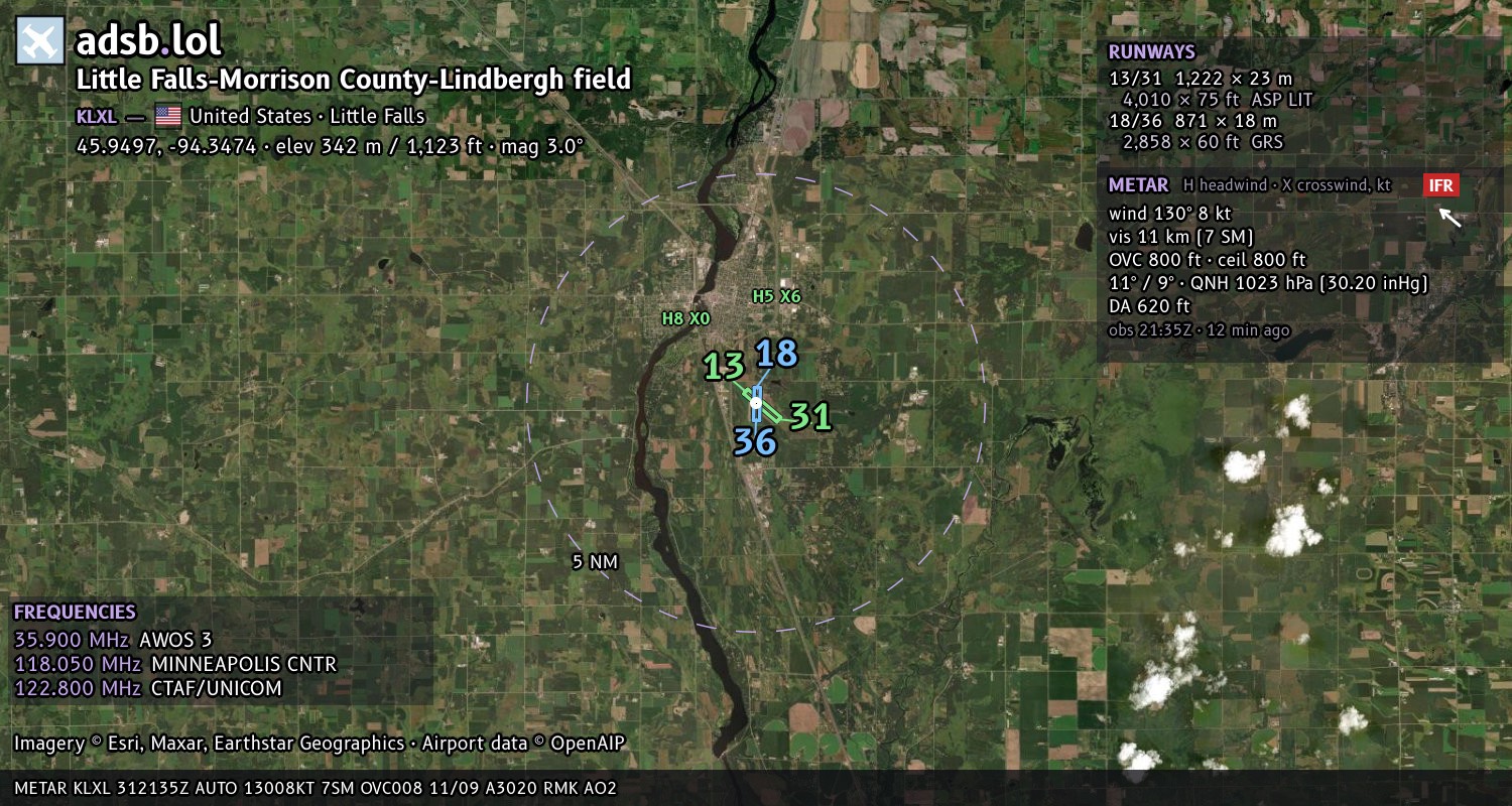 Satellite map with the runway layout of Little Falls-Morrison County-Lindbergh field (KLXL)