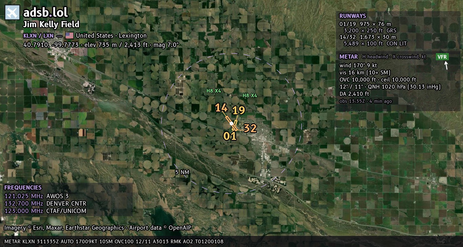 Satellite map with the runway layout of Jim Kelly Field (KLXN)