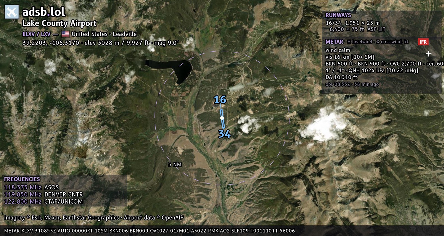 Satellite map with the runway layout of Lake County Airport (KLXV)