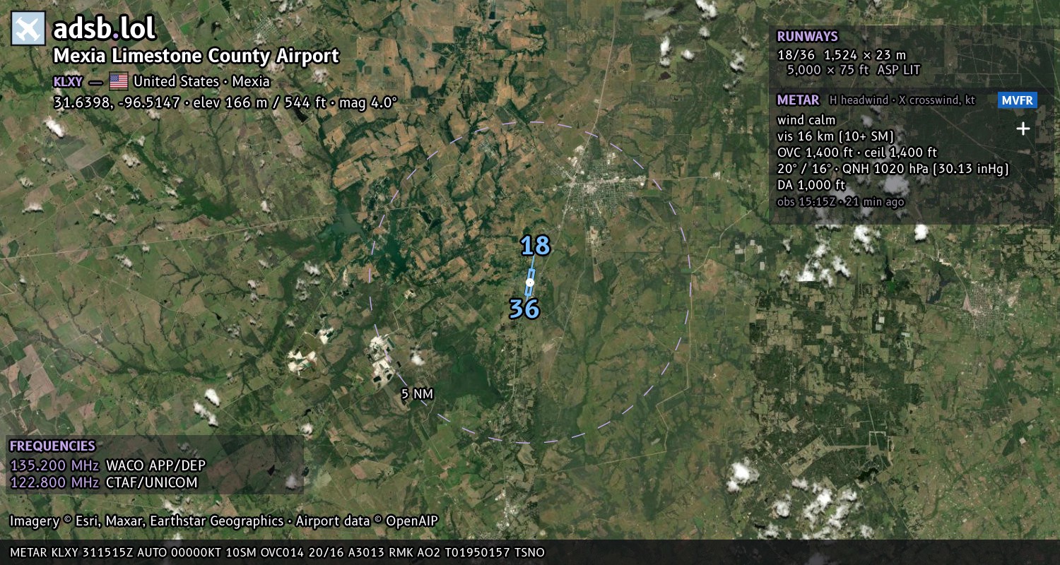 Satellite map with the runway layout of Mexia Limestone County Airport (KLXY)