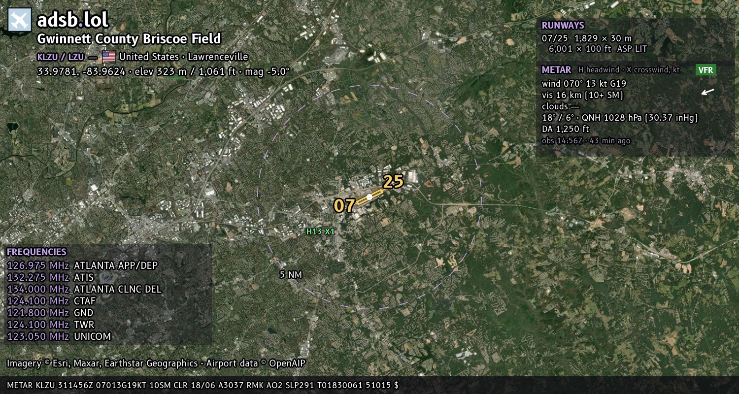 Satellite map with the runway layout of Gwinnett County Briscoe Field (KLZU)