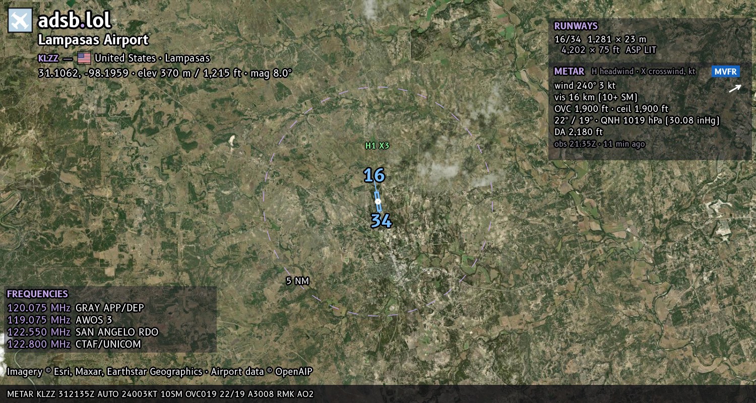 Satellite map with the runway layout of Lampasas Airport (KLZZ)