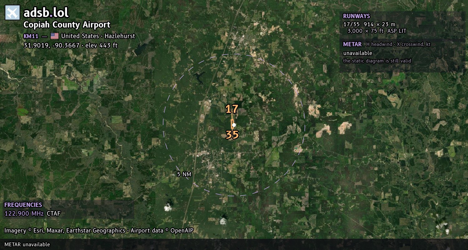 Satellite map with the runway layout of Copiah County Airport (KM11)