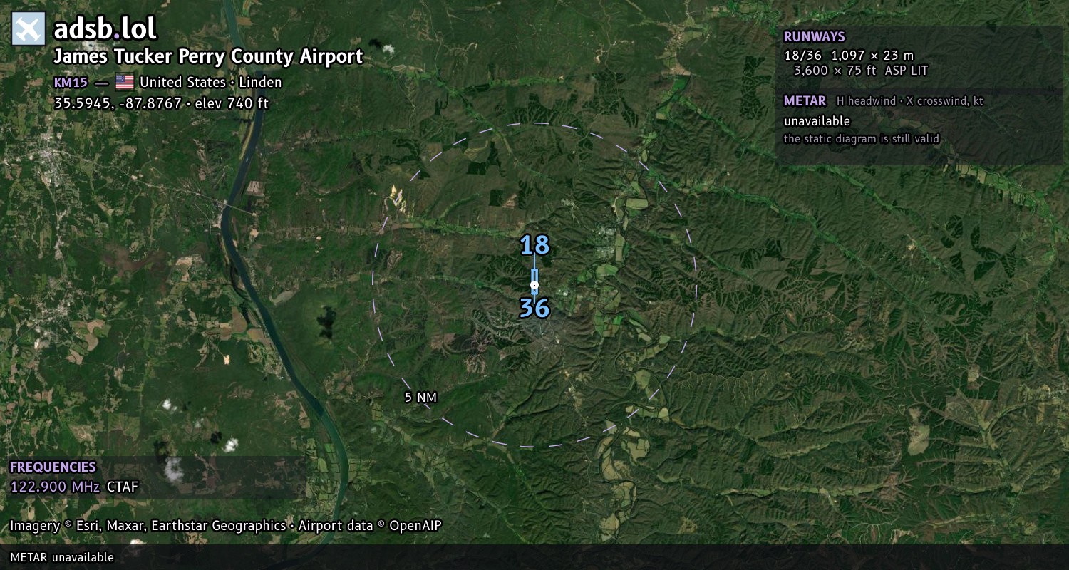Satellite map with the runway layout of James Tucker Perry County Airport (KM15)