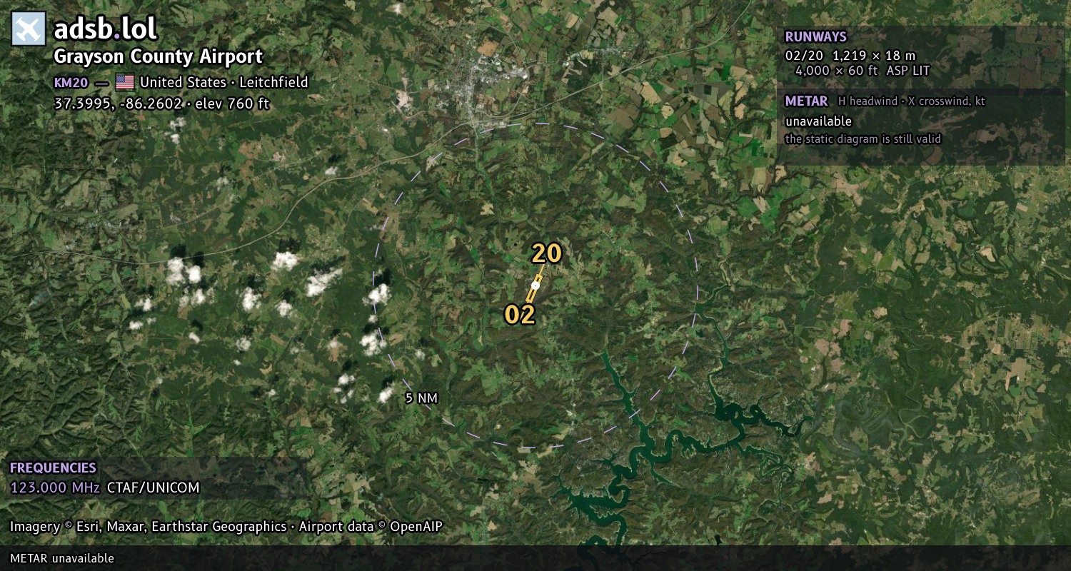 Satellite map with the runway layout of Grayson County Airport (KM20)