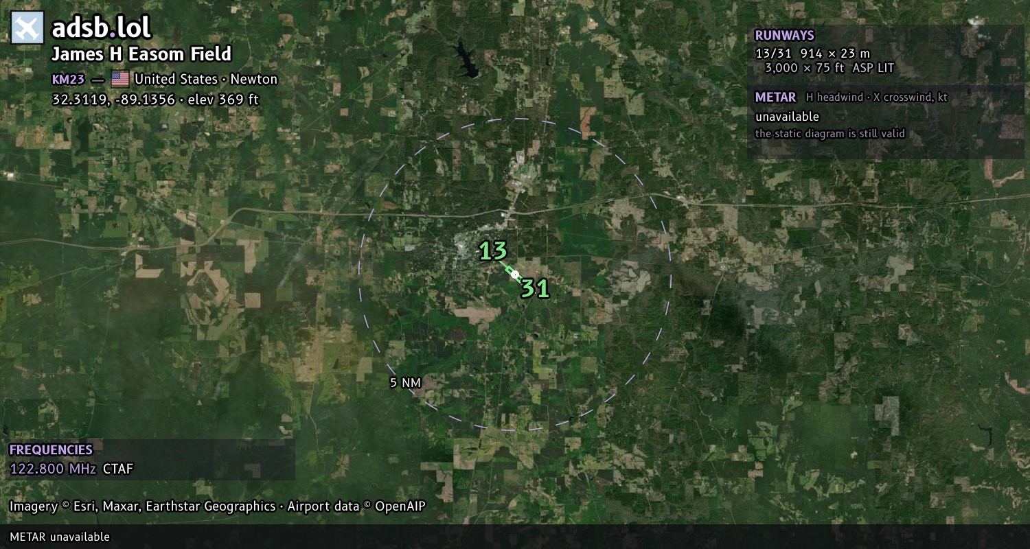 Satellite map with the runway layout of James H Easom Field (KM23)