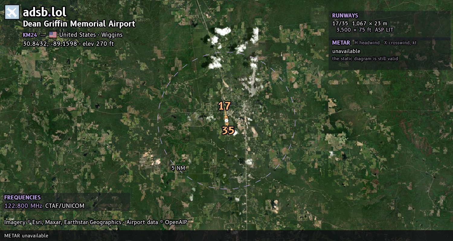 Satellite map with the runway layout of Dean Griffin Memorial Airport (KM24)