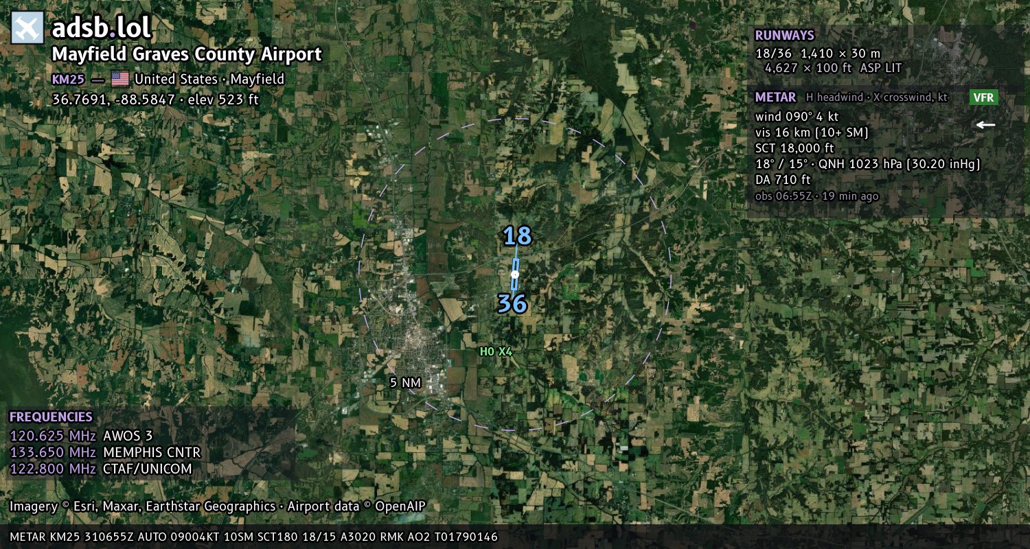 Satellite map with the runway layout of Mayfield Graves County Airport (KM25)