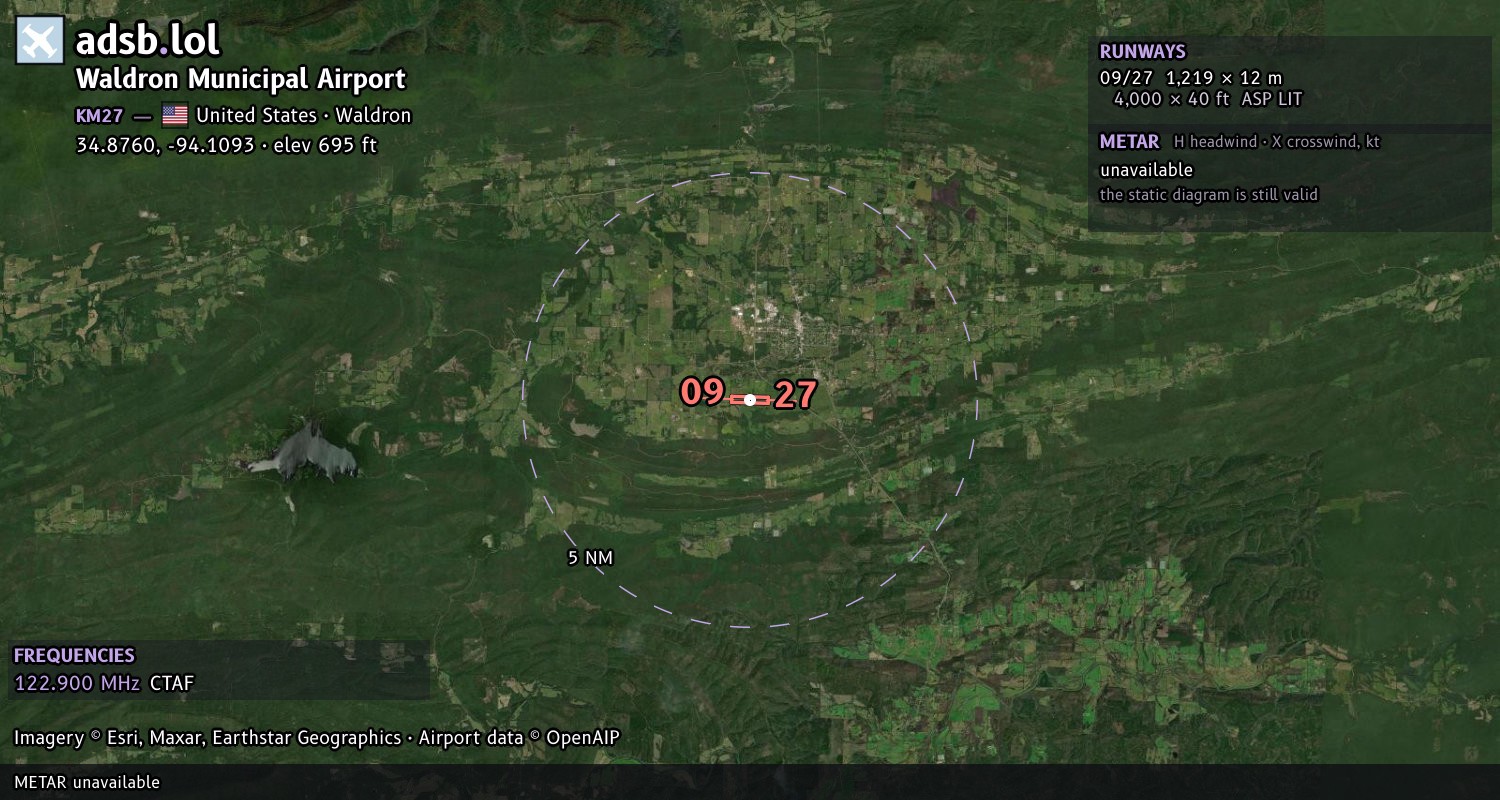Satellite map with the runway layout of Waldron Municipal Airport (KM27)