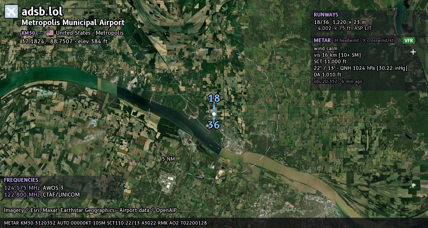 Satellite map with the runway layout of Metropolis Municipal Airport (KM30)