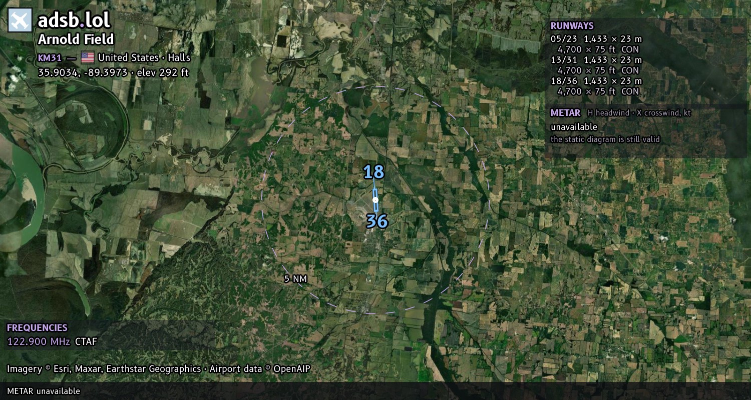 Satellite map with the runway layout of Arnold Field (KM31)