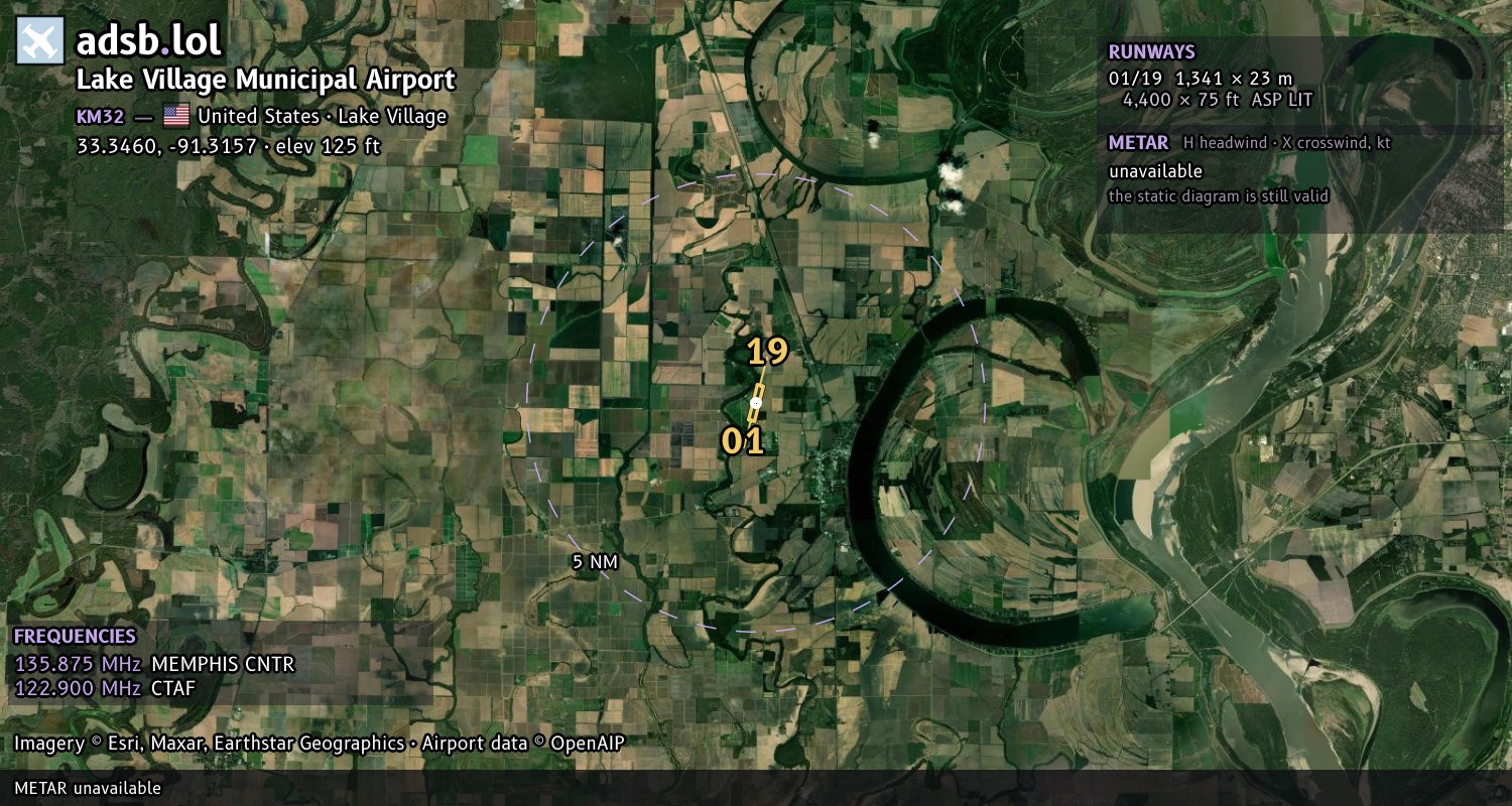 Satellite map with the runway layout of Lake Village Municipal Airport (KM32)