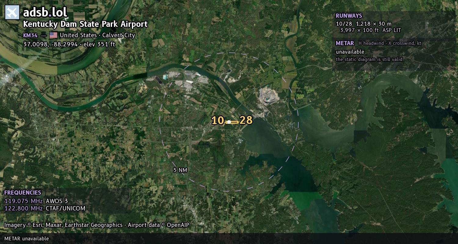 Satellite map with the runway layout of Kentucky Dam State Park Airport (KM34)
