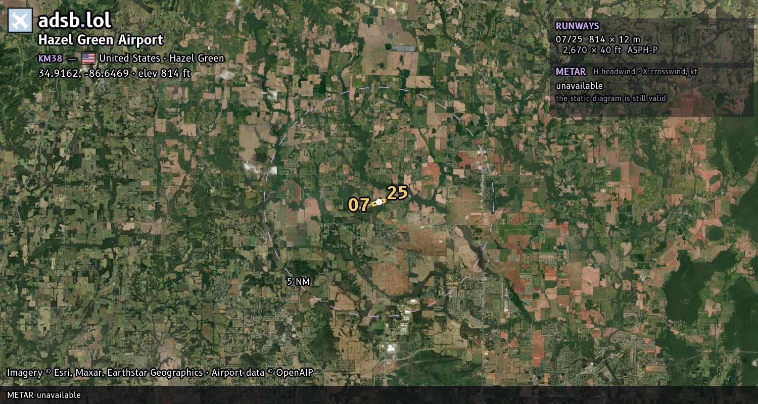 Satellite map with the runway layout of Hazel Green Airport (KM38)